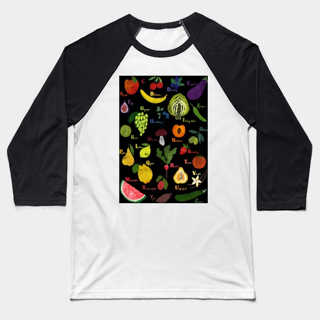 Fruit and vegetables English alphabet on dark Baseball T-Shirt by LavishSeason